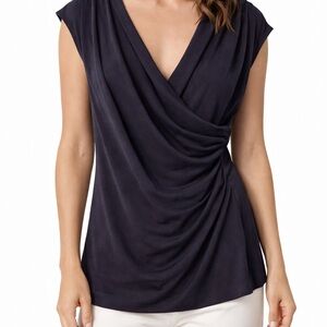 Ann Taylor Navy Draped Surplice Cap Sleeve Top